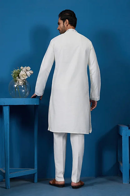 White Real Mirror Work Kurta Pant Set For Mens Wear