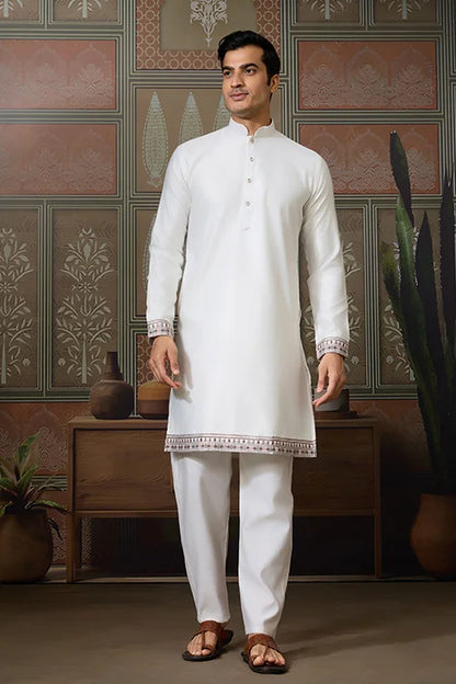 Latest Embroidered Designer White Koti Kurta Set for Mens