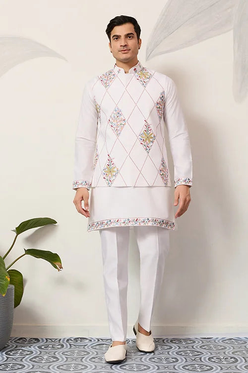 Elegant Wedding Special White Koti Kurta Pajama Set