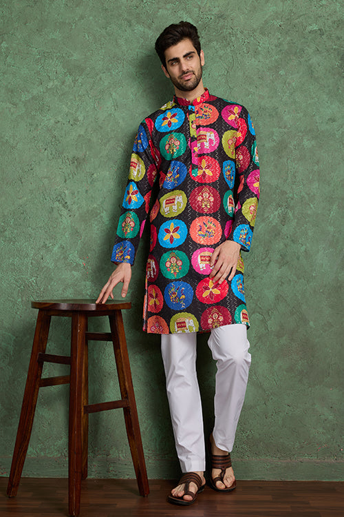 Multi Color Print With Embroidered Kurta And Pajama For Men
