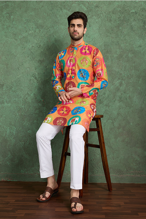 Multi Color Print With Embroidered Kurta And Pajama For Men