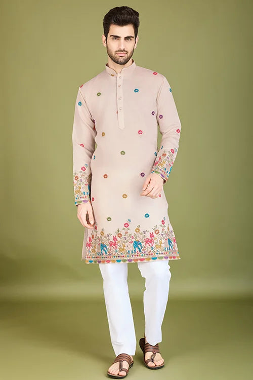 Ivory Viscose Silk Men's Kurta With Thread Work