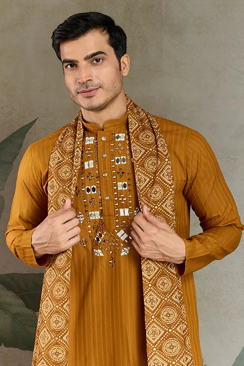 Wedding Special Mustard Mirror Kurta Set with Dupatta for Men