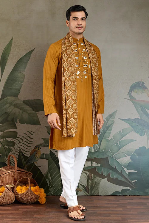 Wedding Special Mustard Mirror Kurta Set with Dupatta for Men