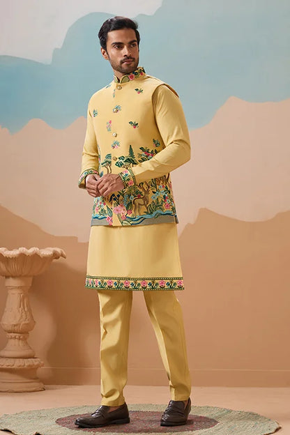 Haldi Special Yellow Classic Koti Kurta Set for Mens Wear