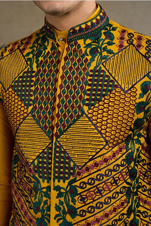 Indian Ethnic Wear Designer Yellow Kurta Koti Jacket