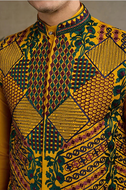 Indian Ethnic Wear Designer Yellow Kurta Koti Jacket