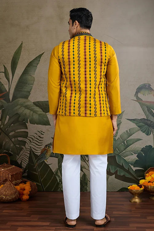 Indian Ethnic Wear Designer Yellow Kurta Koti Jacket
