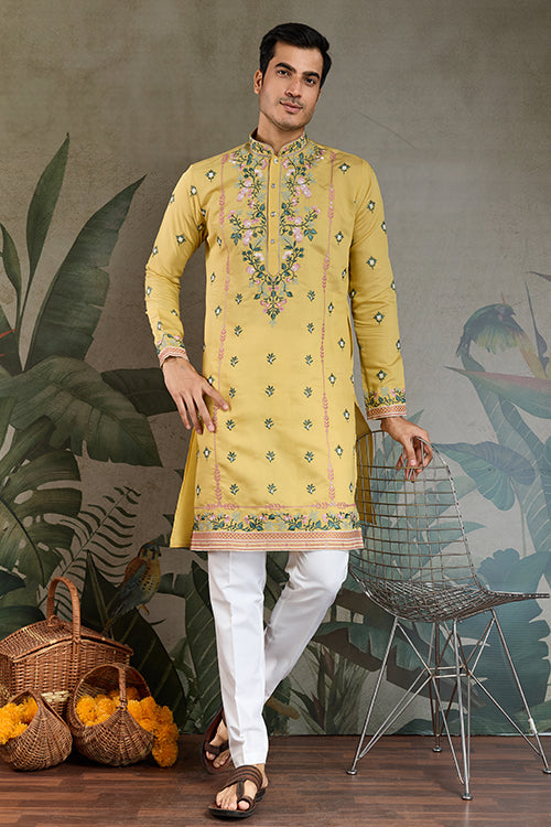 Embroidered Yellow Kurta For Men Wear