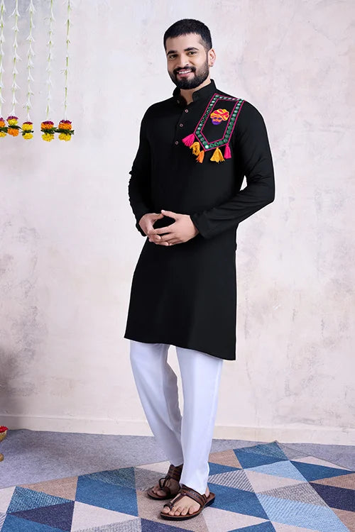 Real Mirror Work Navratri Special Black Color Mens Wear Kurta Collection