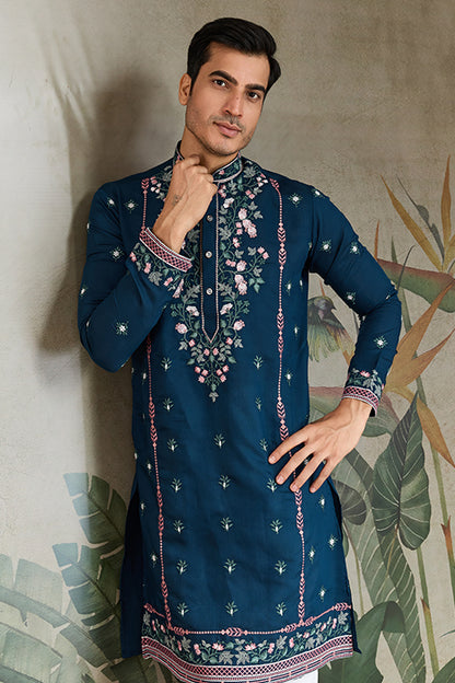 Wedding Special Teal Blue Embroidered Silk Kurta