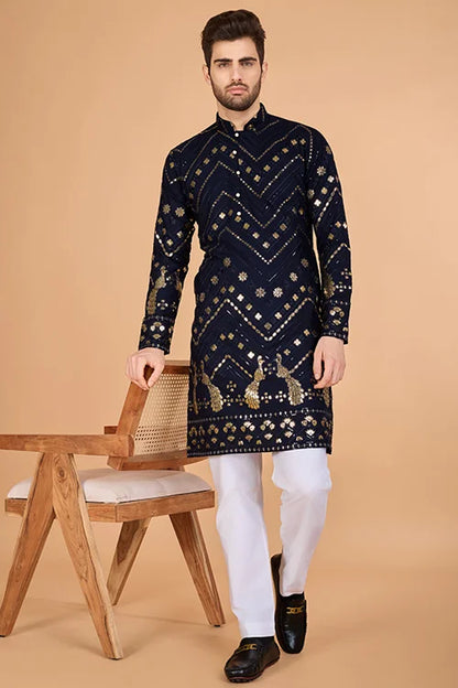 Navy Silk Embroidered Work Designer Men's Wear Kurta