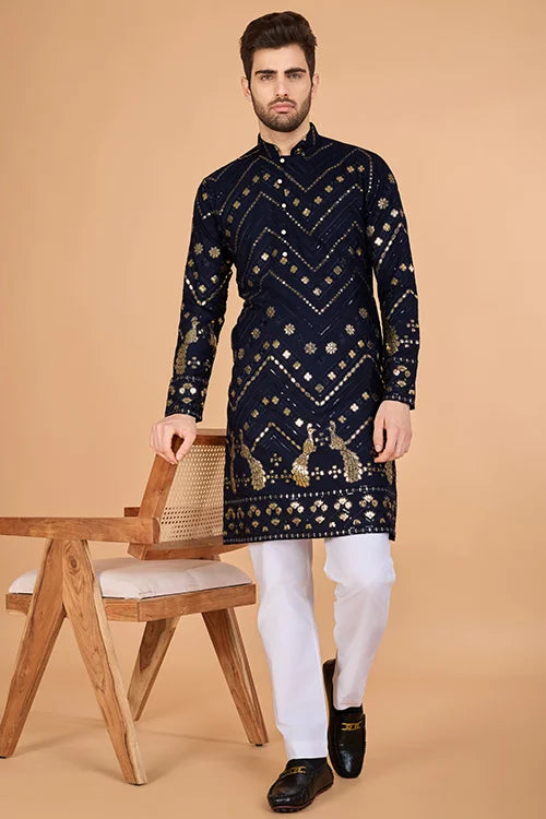 Navy Silk Embroidered Work Designer Men's Wear Kurta
