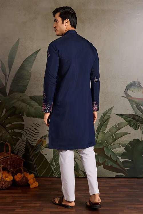 Wedding Special Navy Blue Embroidered Mens Kurta Set
