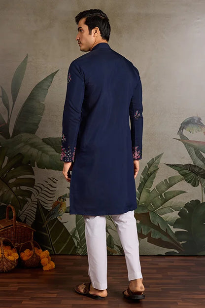 Wedding Special Navy Blue Embroidered Mens Kurta Set