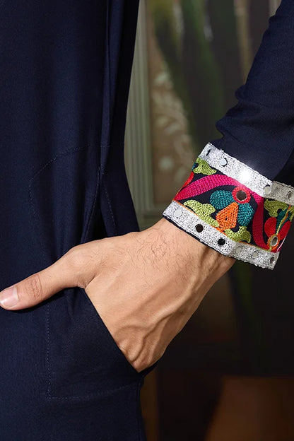 Navy Blue Embroidered Festival Wear Kurta for Men