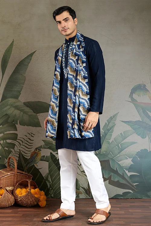 Elegant Navy Blue Mens Wear Kurta Set with Dupatta