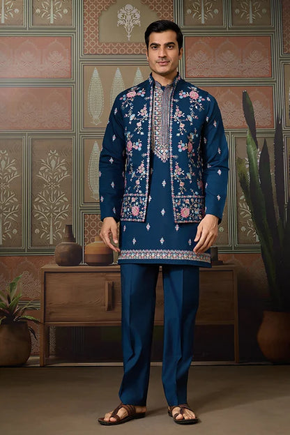 Modern Teal Blue Open Koti Kurta Set for Men