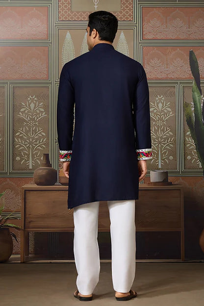 Navy Blue Embroidered Festival Wear Kurta for Men