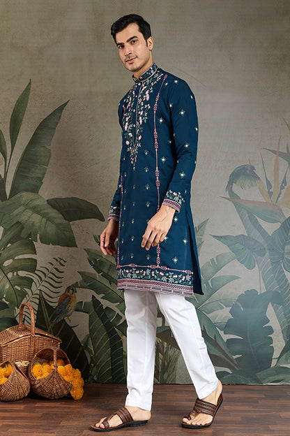 Wedding Special Teal Blue Embroidered Silk Kurta