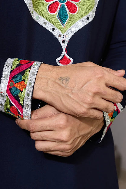 Navy Blue Embroidered Festival Wear Kurta for Men