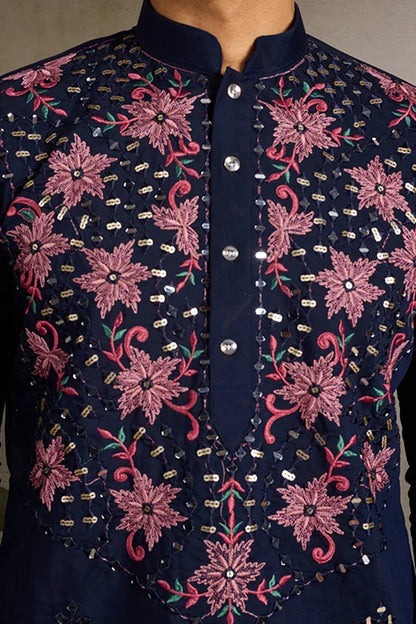 Wedding Special Navy Blue Embroidered Mens Kurta Set