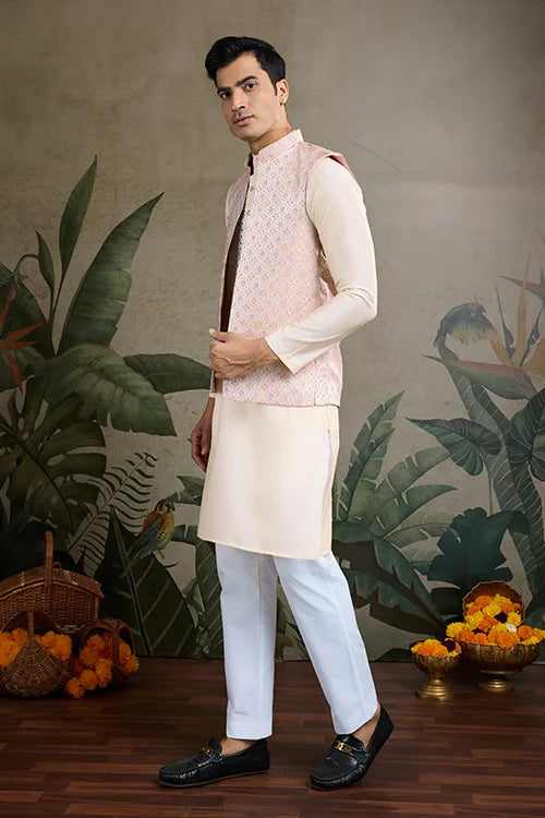 Festive Wear Off White Silk Kurta With Jacquard Koti