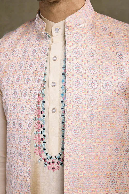 Festive Wear Off White Silk Kurta With Jacquard Koti