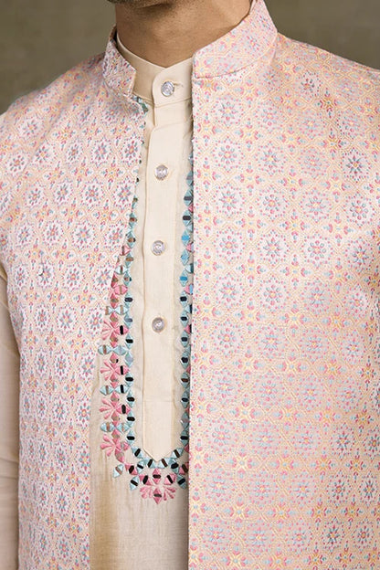 Festive Wear Off White Silk Kurta With Jacquard Koti