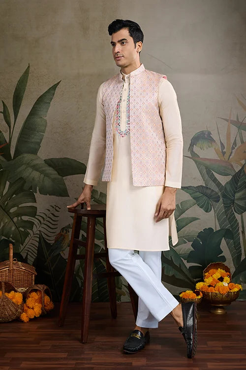 Festive Wear Off White Silk Kurta With Jacquard Koti