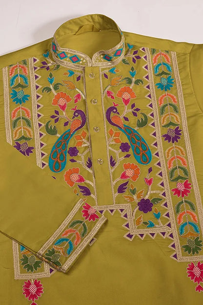 Festive Wear Flourescent Green Embroidered Kurta for Men