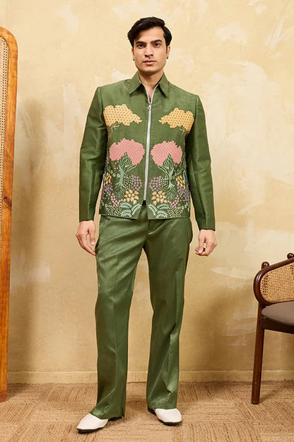 Regal Green Bomber Jacket With Thread Work And Pant For Mens