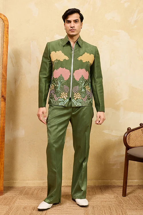 Regal Green Bomber Jacket With Thread Work And Pant For Mens