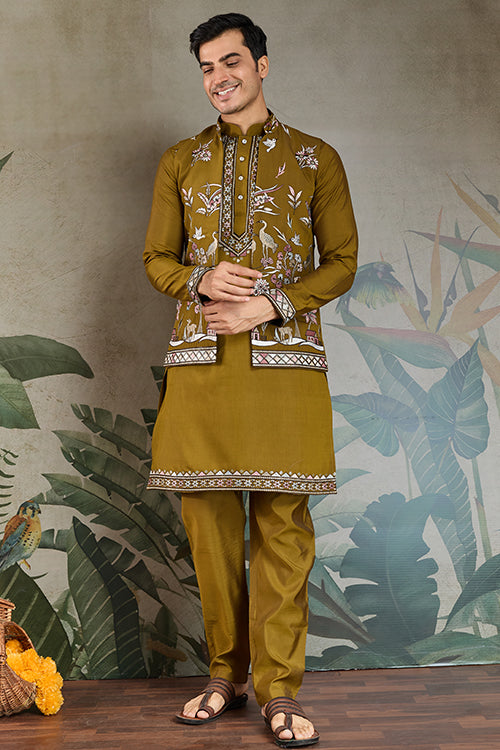 Wedding Special Golden Olive Kurta Pajama With Open Koti For Men