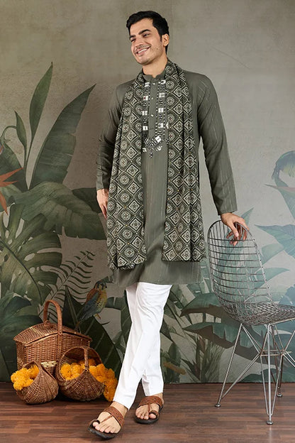 Premium Olive Green Mirror Work Kurta with Dupatta for Occasions