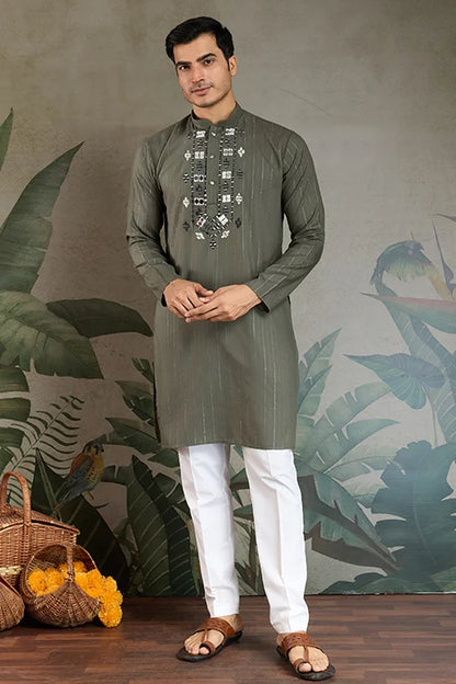 Premium Olive Green Mirror Work Kurta with Dupatta for Occasions