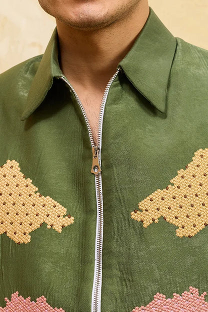 Regal Green Bomber Jacket With Thread Work And Pant For Mens