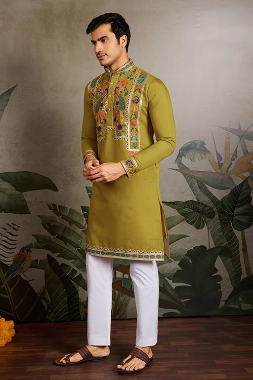 Festive Wear Flourescent Green Embroidered Kurta for Men