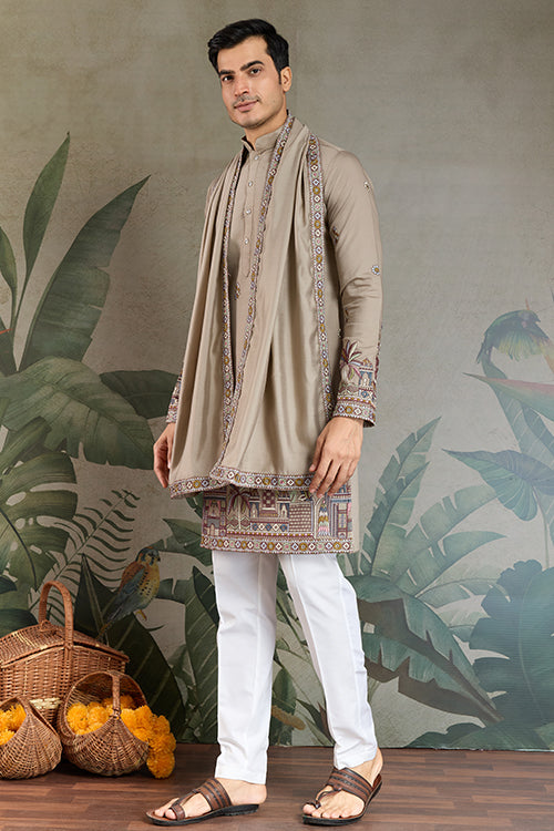 Traditional Ivory Embroidered Kurta Dupatta With Pajama