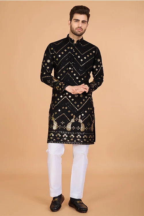 Black Silk Men's Kurta For Special Occasions