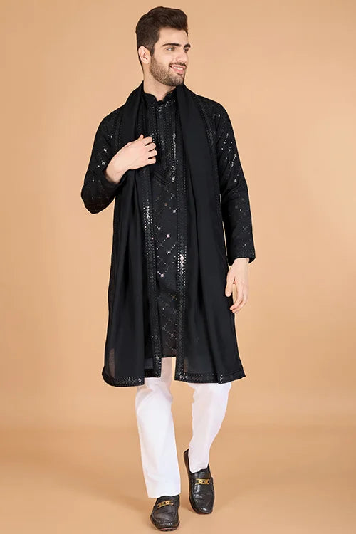 Black Viscose Fabric Embroidered Traditional Kurta For Mens Wear