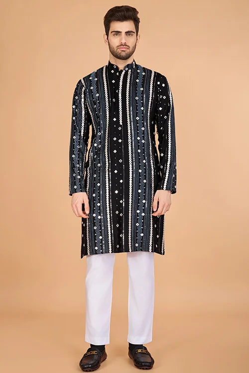 Viscose Rayon Black Color Heavy Embroidered Kurta For Men