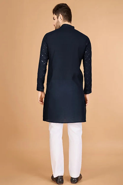Navy Color Kurta With Dupatta For Mens Wear