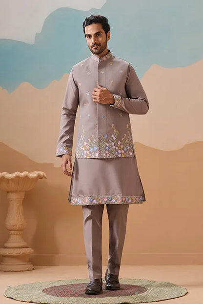 Elegant Grey Embroidered Koti Kurta Pant for Mens