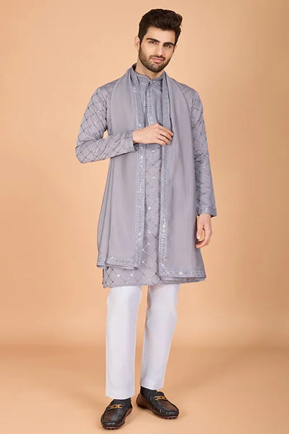 Designer Gray Silk Kurta For Men – Elegant Festive Wear