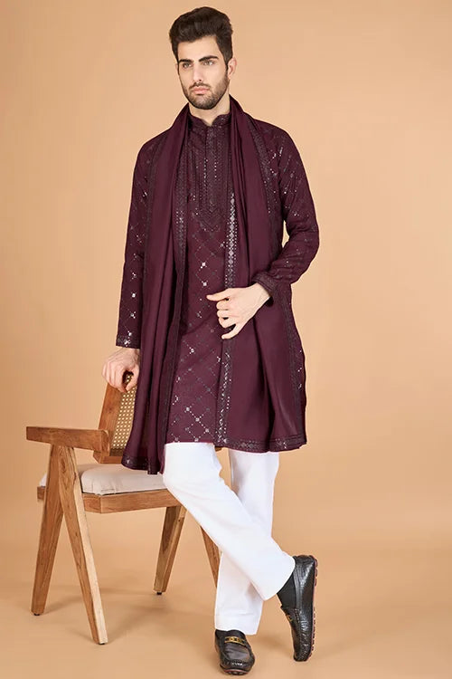 Designer Maroon Viscose Silk Men's Kurta Online