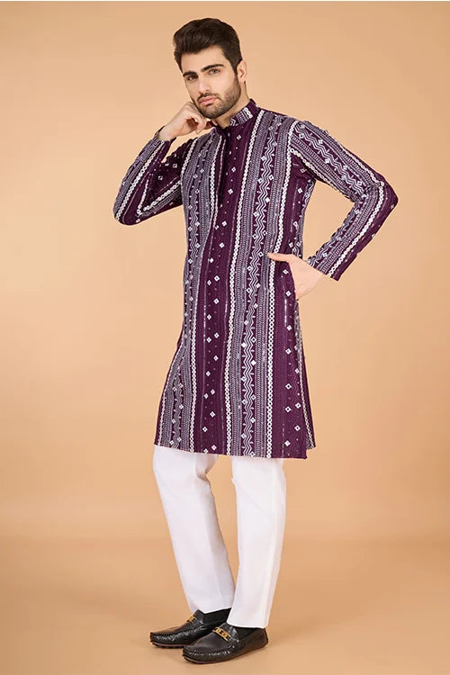 Purple Sequence With Mirror Foil Embroidered Mens Wear Kurta