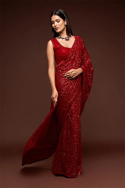 Ruby Red Color Bollywood Designer Saree Online | Shop Now