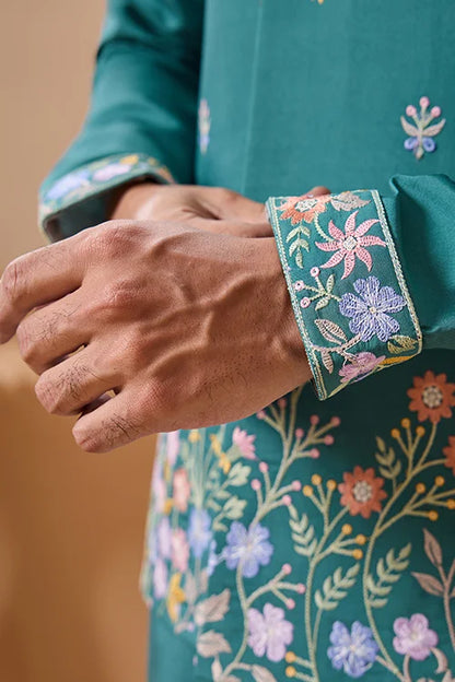 Wedding Party Outfit Rama Green Kurta Koti Pant for Men