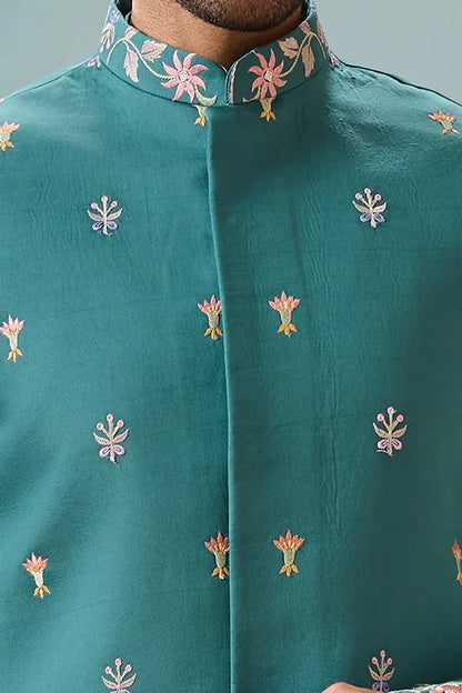 Wedding Party Outfit Rama Green Kurta Koti Pant for Men